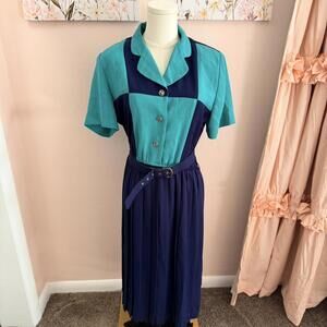 Vintage Leslie Fay Colorblock Pleated Midi Dress (Petite 12)